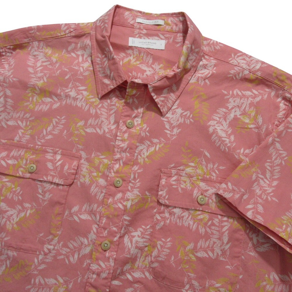 Lucky‎ Brand Mens Button Up Shirt L Classic Fit Coral Red Floral Stretch Cotton